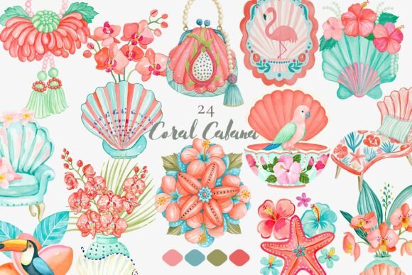 Download Coral Cabana Watercolor Clipart Set - Clipart set Collection