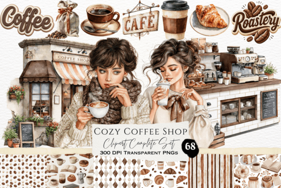 Download Cozy Coffee Shop Watercolor Clipart Set - Clipart set Collection
