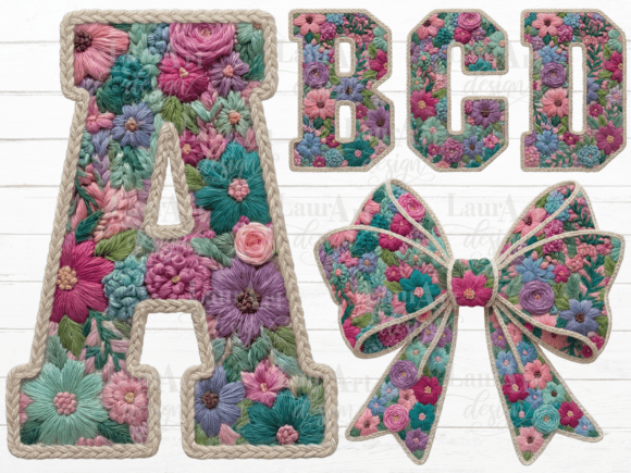 Download Faux Embroidery Floral Alphabet Bow PNG - Floral alphabet Collection