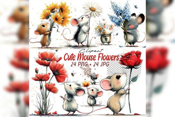 Download Whimsical Mouse &amp; Flower Clipart Set - Clipart set Collection